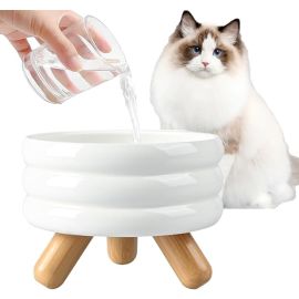 NeoStyle Elevated Ceramic Cat Bowl with Wooden Stand Raised Pet Dishes for Food and Water Anti-Slip Design Dishwasher Microwave Safe Water Bowl (White, Cat Water Bowl)