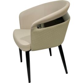 Maple Home Leather Dining Arm chair Curved Semi-Circular Backrest Reflecting Steel Band Black Metal Legs Luxury Living Restaurant Lounge Furniture-Beige