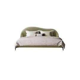 Curved Wingback Velvet Upholstered Bed with Spring Mattress 160x200cm Queen size Bed in Green Color