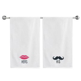 BYFT Iris Embroidered For You Bath Towel 70 x 140 Cm 600 Gsm White 100% Cotton Her Lips & His Mustache Black-Pink Thread Set of 02