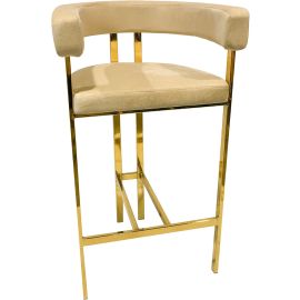 Maple Home Mid Century Velvet High Bar Chair Hollow Backrest & Armrest Golden Metal Frame Footrest Counter Kitchen Cafe Restaurant Living Dining Room Furniture-Beige