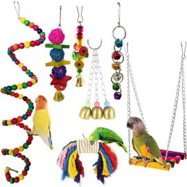 NeoStyle (7 Pcs) Bird Toys,Parrot Cage Toys,Bird Stand,Bird Cage Accessories,Parrot Chew Toys,Swing Hanging Toys with Bell Hammock Hanging Perch Toy (7Pieces)