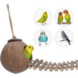 NeoStyle Coconut Bird Nest Hut with Ladder,parakeet nesting,bird house,bird ladder,bird cage accessories,for Parrots Parakeet Conures Cockatiel and other small animals