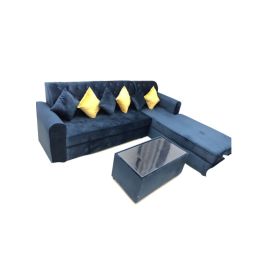 Maharat Al Bahar L Shape Velvet Sofa Set 4 Seater With Cushion & Table Blue 250x80x80cm