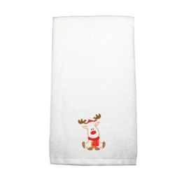 BYFT Iris Embroidered For You Hand Towel 50 x 80 Cm 600 Gsm White 100% Cotton Reindeer with Christmas Cap and Scarf Set of 01