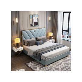 Leather Luxury Upholstered Bed 200x200cm Super King Bed in SkyBlue Color