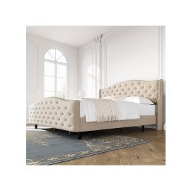 Elam Tufted Upholstered Bed with Headboard 120x200cm Twin size Bed in Beige Color