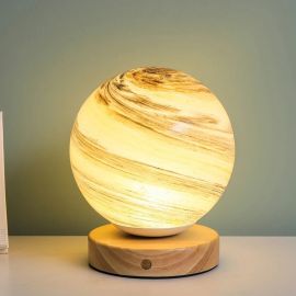  Globe Wood Glass LED Table Lamp Orange