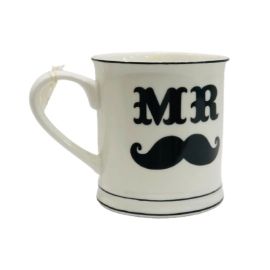 Mr Mustache glass cup in taupe with bold black Mr. lettering, cartoon mustache print and rounded handle