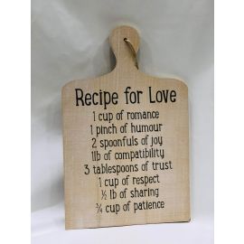 Recipe for Love wall art in oak colour with recipe-style text listing ingredients for a happy, loving home
