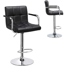 Maple Home Decoration PU Adjustable Height Bar Stool Swivel Hydraulic Bar PU Armchair With Backrest 360° Upholstered Seat Assembled Home Office-Black-One