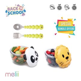 Melii Snack Containers & Utensil Set - Lion & Panda Snack Containers, Silicone Caterpillar Spoon & Fork Set - BPA Free, Durable, Fun Designs