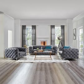 Tufted Velvet Loveseat and Sofa Living Room Set in One Seater Sofa-Grey
