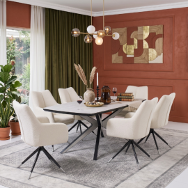 Nova Modern Dining Set – 1 Table + 6 Chairs – Off White/Black