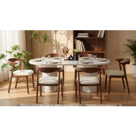 Mid-Century Modern Marble and Walnut 6-Seater Dining Set