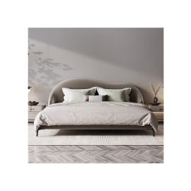 Curved Wingback Velvet Upholstered Bed with Spring Mattress 160x200cm Queen size Bed in Grey Color