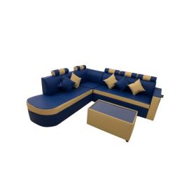 Maharat Al Bahar L Shape Pvc Lather Sofa Set With Cushion & Table 5 Seaters Light Blue/Beige 250x80x80