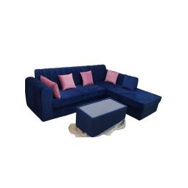 Maharat Al Bahar L Shape Velvet Sofa Set 5 Seaters with Cushion & table Blue250X80X80