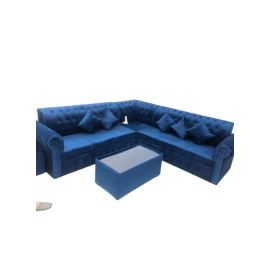 Maharat Al Bahar L Shape Velvet Sofa Set with Cushion & Table- Blue/ -250X80X80cm