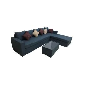 L Shape-Cerbo Diwan Velvet Sofa Set 5 Seater With Cushion And Table Blue 260x80x80