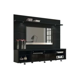 Cabrini TV Stand and Floating Wall TV Panel with LED Lights Black in Black Color