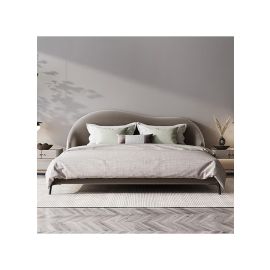 Curved Wingback Velvet Upholstered Bed 160x200cm Queen size Bed in Grey Color