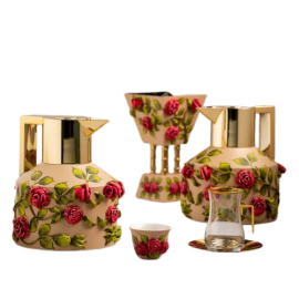 Unique Arabic Dallah Coffee Set with Pink 3D Roses