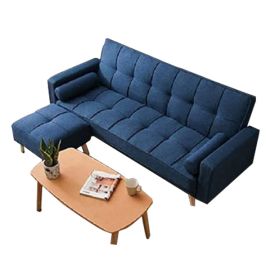 Light luxury fabric sofa bed sectional Furniture with square ottoman (Blue)