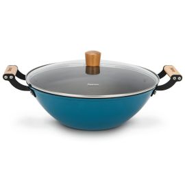 Enamelled Non-Stick Cast Iron Wok 32x10.5cm/5LTR With Glass Lid SEAGREEN