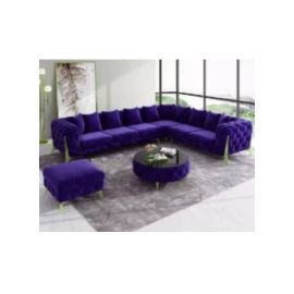 Maharat Al Bahar Golden-Legged L-Shaped Chesterfield Velvet Sofa Set Luxury Traditional Living Room Purple 6 Seater 320x80x90cm