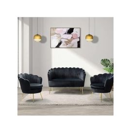 MAB FURNISHINGS x Crown Furniture Art 3-Piece Velvet Living Room Furniture Set - Loveseat, 2 Sofa Chairs, Modern Comfy Upholstered 2-Seater Sofa & Accent Chair (Black)