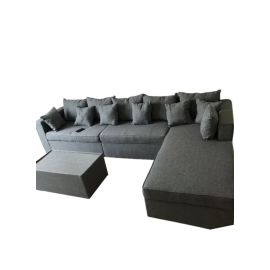 Grey L-Shaped Diwan Sofa Set 5 Seater With Table And Pillows 350x80x80