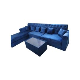 Maharat Al Bahar L Shape Velvet Sofa Set 5 Seaters With Cushion & Table Blue 300x80x80cm