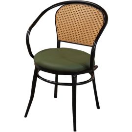 Maple Home Accent Arm Dining Chair Woven Plastic Rattan Cane Back Leather Padded Seat Black Metal Legs Kitchen Living Indoor Outdoor Patio Furniture