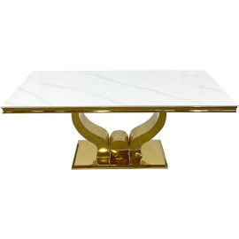 Maple Home Accent Dining Table Marble Pattern Top Rock Stone Sturdy Versatile Golden Metal Frame High Glossy Mirrored Finish Dining Living Room Luxury Restaurant Furniture