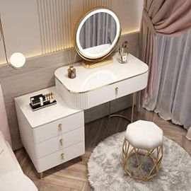 Maple Home Vanity Dressing Table Flip Mirror Make up Smart Touch 3 Mode Lighted LED Mirror Wood Storage Drawers cabinet Modern Marble Bedroom Furniture