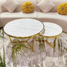 Coffee Table Nesting Tables Marble Pattern Table Top Golden Leg Round Side Tables 80CM+60CM Set Of 2