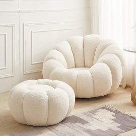 MAPLE HOME DECORATION Maple Home Single Sofa Set Lamb Fleece 360° Rotation Modern Nordic Flower Minimalist Style Sofa for Living Room Furniture (White Single Seater & Footstool)