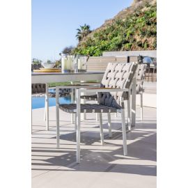 Elegant outdoor dining chairs in taupe woven fabric and white aluminum Patio Dining Table and Chair Balcony Dinner Table Dinner Chair 