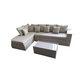 L Shape-Cerbo Diwan Velvet Sofa Set With Cushion And Table 5 Seater Beige 260x80x80