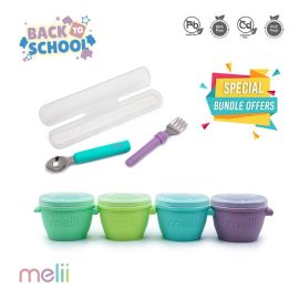 Melii Silicone Snap & Go Pads, Food Storage Container 4 oz, 4 pcs & Melii Detachable Spoon & Fork with Carrying Case Blue & Purple