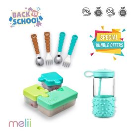 Melii Back to School Bundle - Puzzle Food Container (Lime, Turquoise Green), Spikey Water Bottle (Mint, 17 oz), Spoons & Forks Set (Brown Bear & Turquoise Shark, 4 Pcs) - BPA Free, Durable, Fun Designs