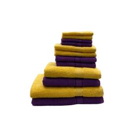 BYFT Daffodil Face Towel 30 x 30 Cm Hand Towel 40 x 60 Cm Bath Towel 70 x 140 Cm Hand Towel 60 x 110 Cm Bathrobe Adult, 6yr Kid 500 Gsm Purple - Yellow Stripe Diamond Dobby Cotton Set of 16