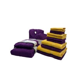 BYFT Daffodil Face Towel 30 x 30 Cm Hand Towel 40 x 60 Cm Bath Towel 70 x 140 Cm Hand Towel 60 x 110 Cm Bathrobe Adult, 8yr Kid 500 Gsm Purple - Yellow Stripe Diamond Dobby Cotton Set of 16