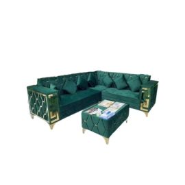 Maharat Al Bahar L Shape Mab Velvet Sofa Set 5 Seater With table Green 250x80x180