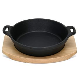 Fissman Cast Iron Pan 18x4.4 cm with Two Side Handles with Wooden Tray