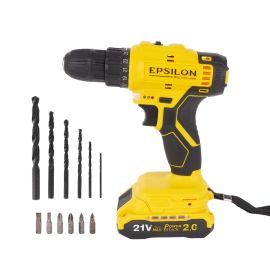 Epsilon 21 V Cordless Drill- EPSCD1559/ 10 mm Hole Diameter, 28 Nm Maximum Torque, Perfect for Home and Business, No Load Speed 0-1400 RPM, Comfortable Grip, Ergonomic Design/ with LED Work Light, Includes Accessories/ Black and Yellow, 1 Year Warranty