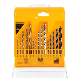 Epsilon Drill Bit Set- EPSDB1417/ Pack of 15 Bits, Includes 3 HSS, 5 Concrete and 5 Wood Drilling Bits, Versatile and Highly Durable/ Perfect for a Wide Range of Applications, Wood, Concrete, Masonry, Metal