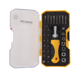 Epsilon 30 Pieces Ratchet Set- EPSRS1575/ Versatile and Highly Durable, Includes 14 25mm, 4x28 mm, 6 50 mm, Philips, Pozidriv, Hex, Torx Bits, Slotted, 6 sockets, and Screwdriver/ Perfect for a Wide Range of Applications/ Black and Yellow