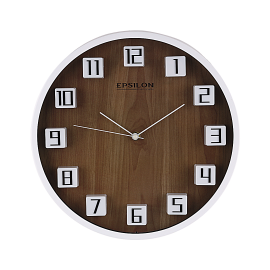 Epsilon Round Wall Clock- EPSWC1565/ Circle Shaped, Embossed Numerals, Wall-Mounted, 1*AA Battery Operated and Durable/ Plastic Case and Glass Lens, Wooden Finish, Silent Operation/ Ideal for Home, Living, Kids Room, etc./ Brown